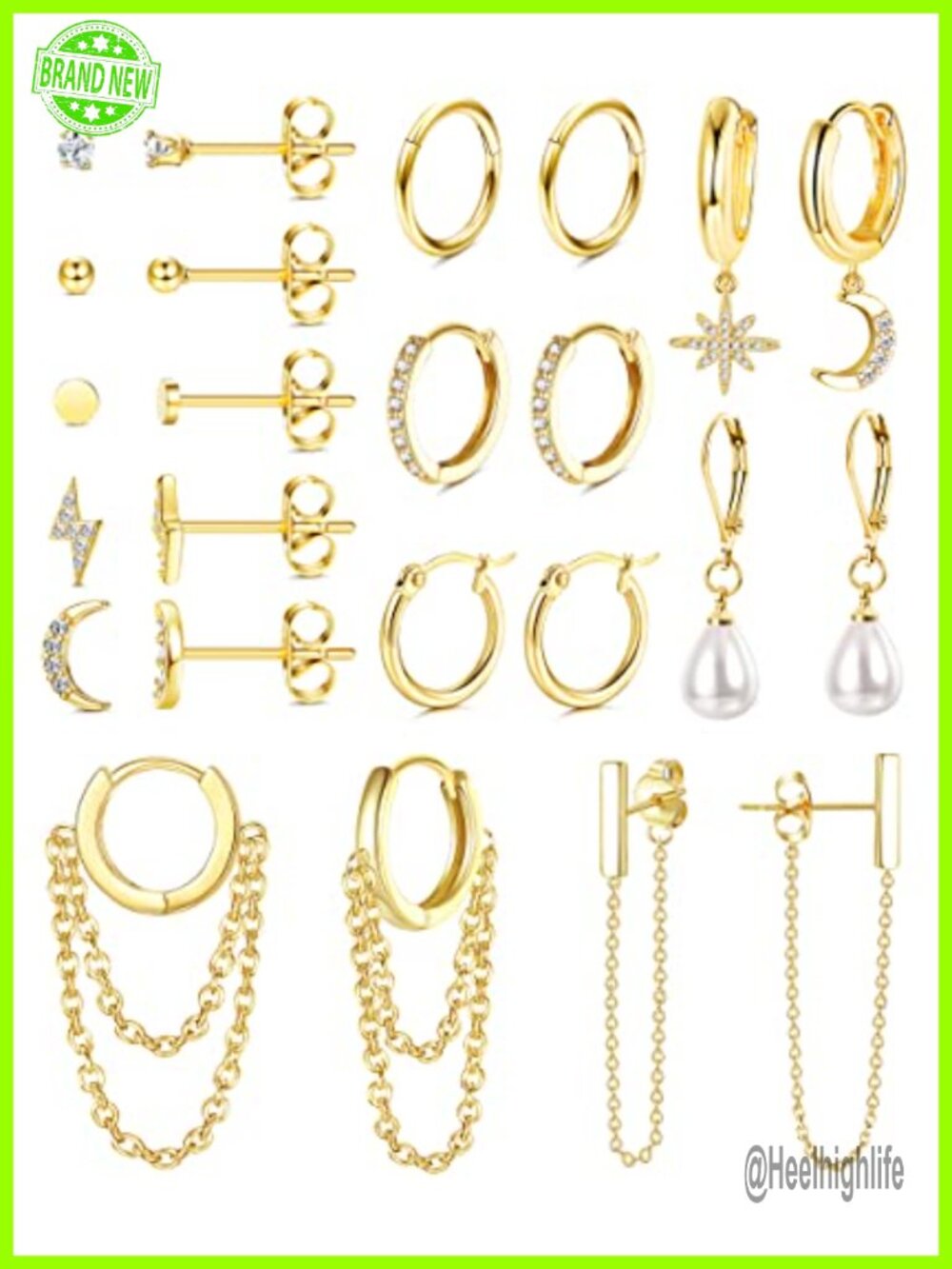 14K Gold Plated Hoop Earring Set 12 Pairs Stainless Steel Cartilage Studs